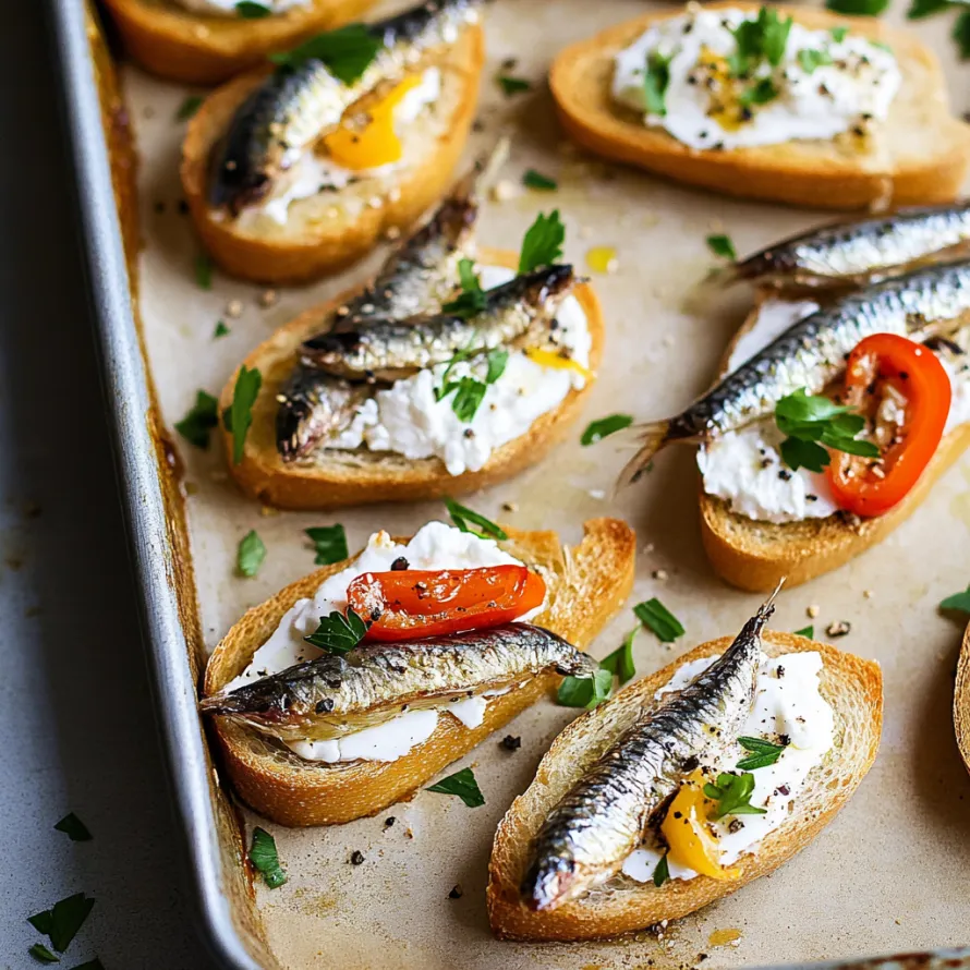 A tray of bread with fish on top.