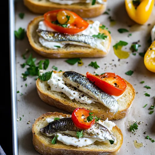 A tray of bread with fish and tomatoes on top.