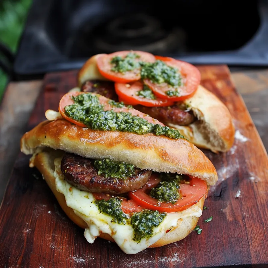 Sandwich packed with tomatoes and basil sitting on a wooden board.