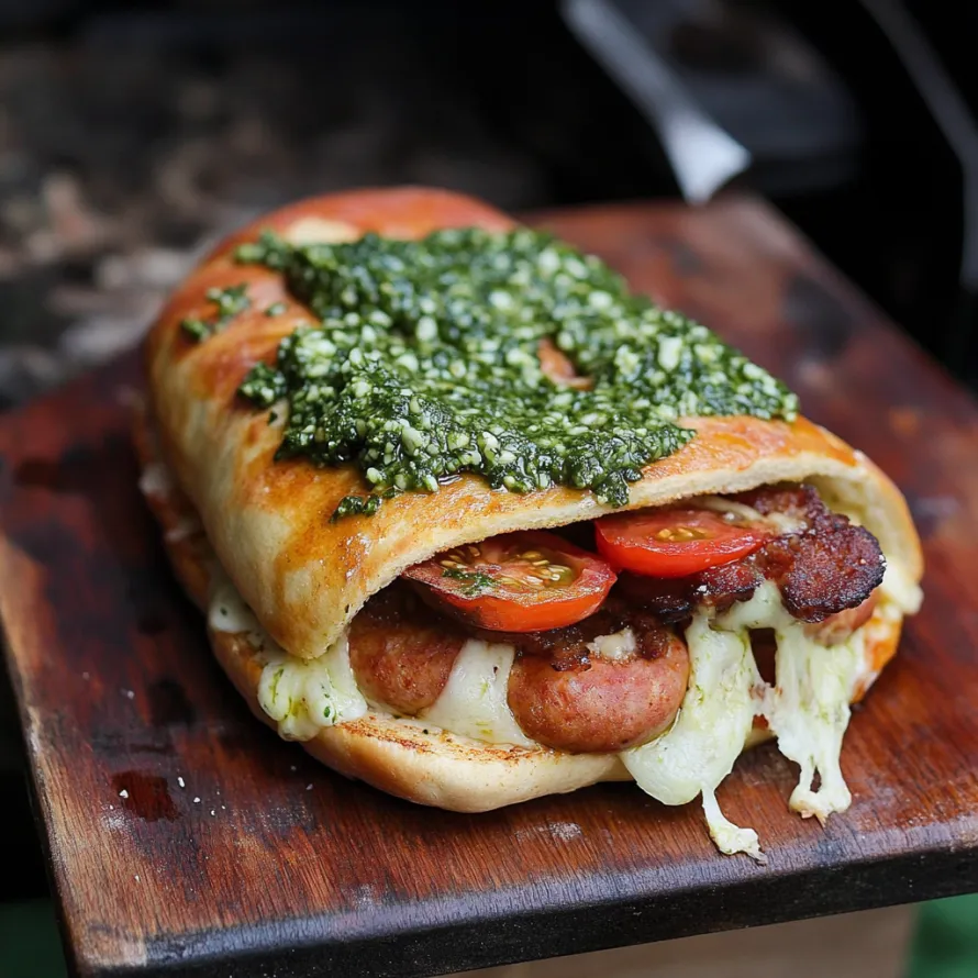 A hot dog with tomatoes and cheese.