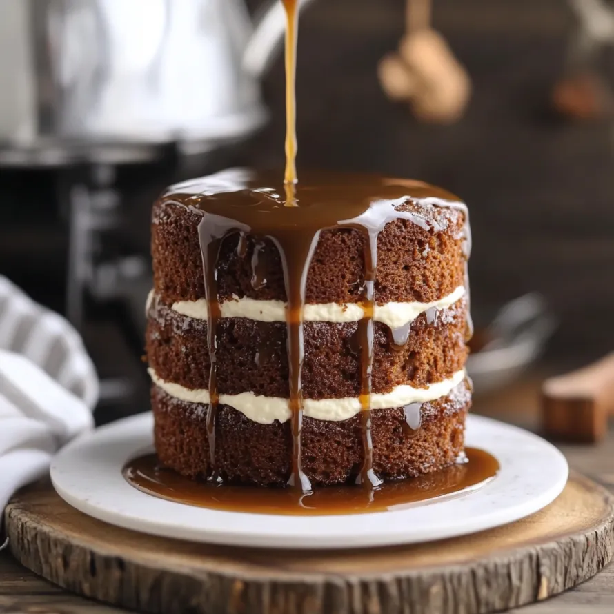 Layered cake topped with shiny caramel sauce.