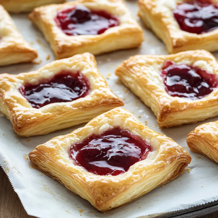 Tray filled with pastries stuffed with cherry filling.