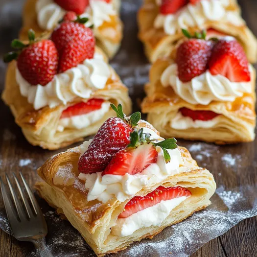 Four flaky pastries stuffed with whipped cream and strawberries.