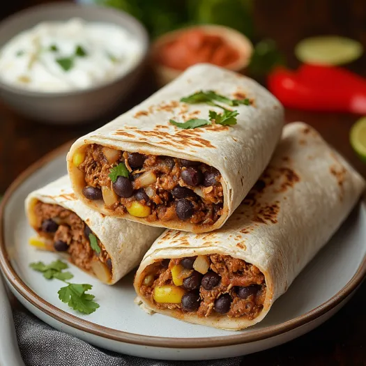 Two burritos with beans and corn on a plate.