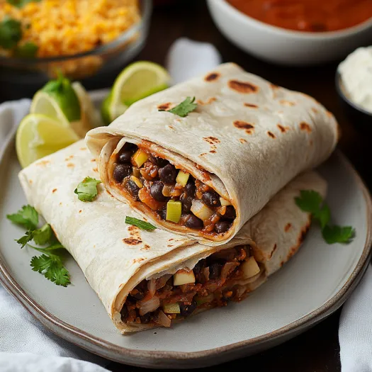 A plate of food with a burrito and a bowl of salsa.