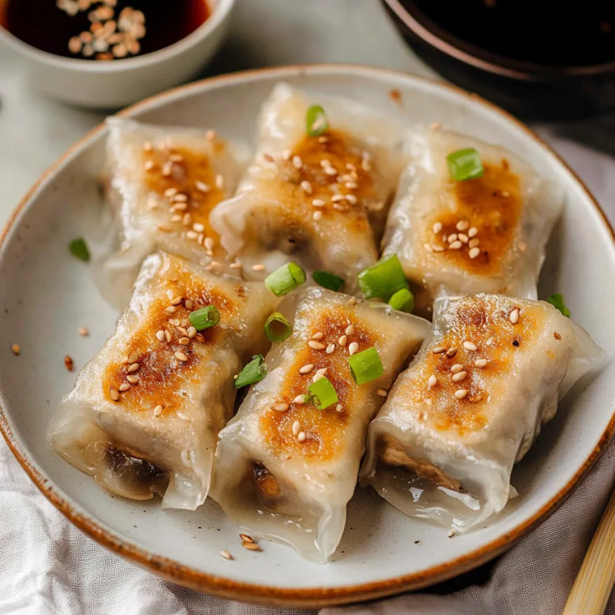 A tasty plate stacked with dumplings and a side of dipping sauce.