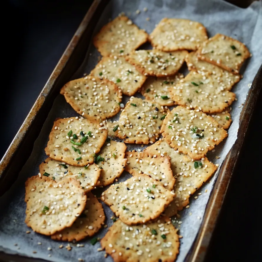 A tray of crackers with seeds on top.