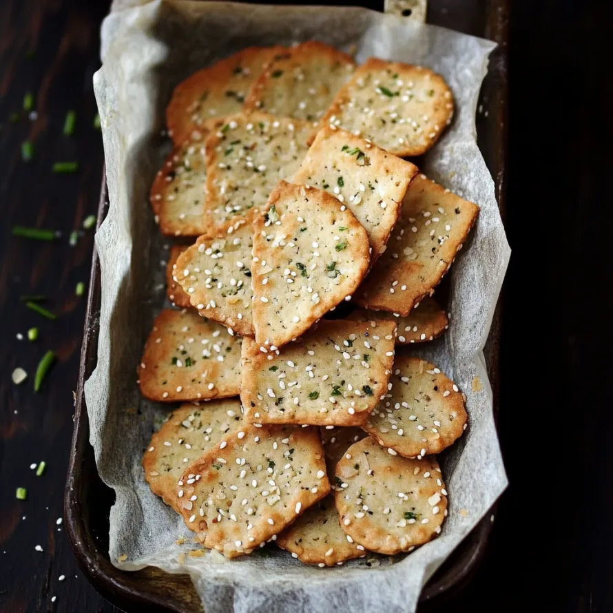 Tray of crunchy crackers topped with greens.