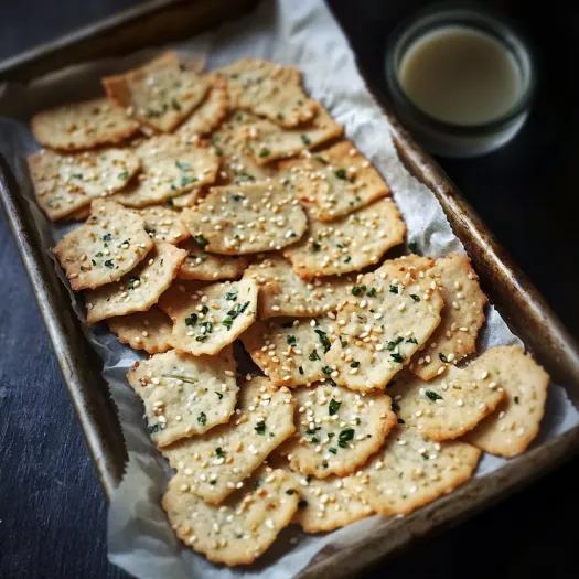 Tray of crackers sprinkled with herbs.