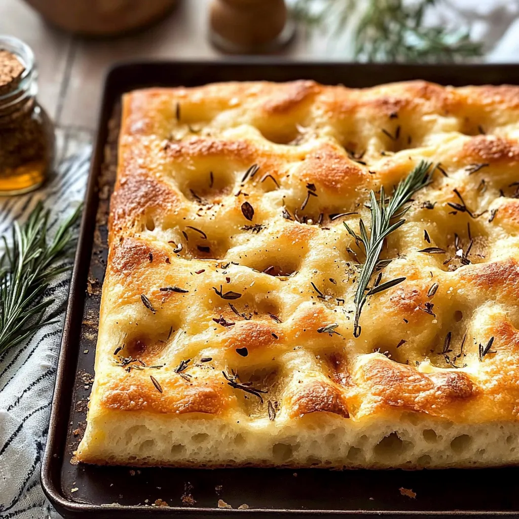 A square pan of bread with herbs on top.