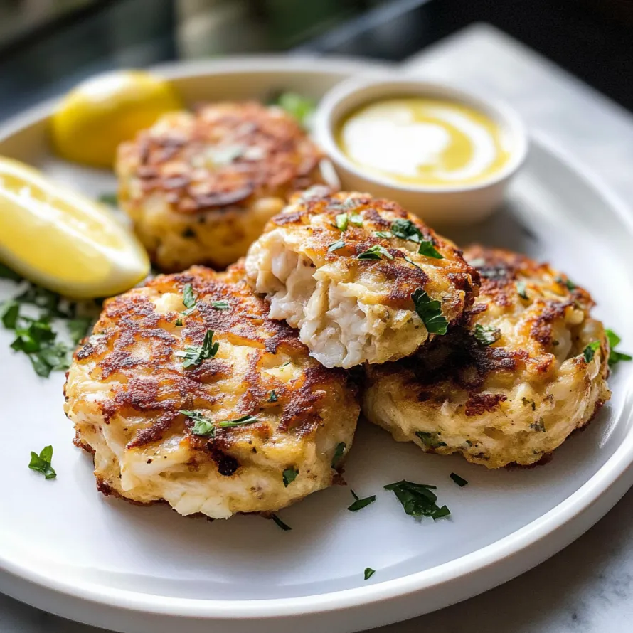 Plateful of crisp crab cakes with a lemon wedge on the side.