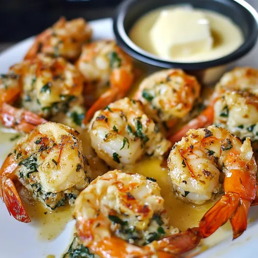 Shrimp with sauce on a plate.