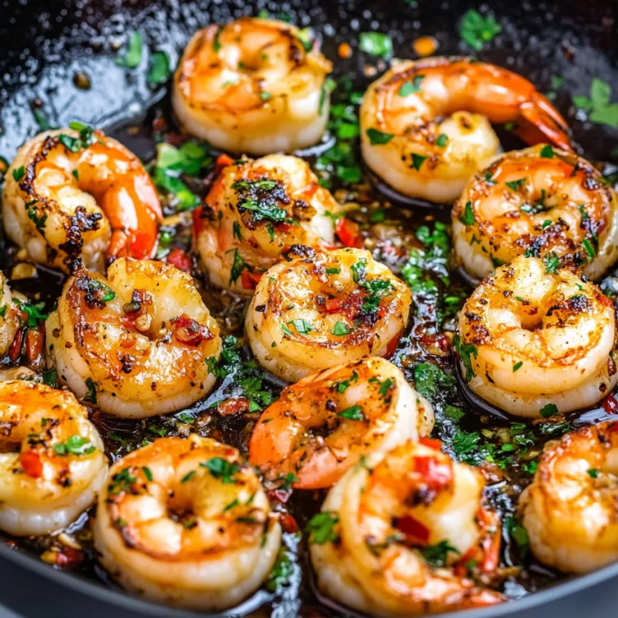 Shrimp sizzling in a skillet with herbs sprinkled over.