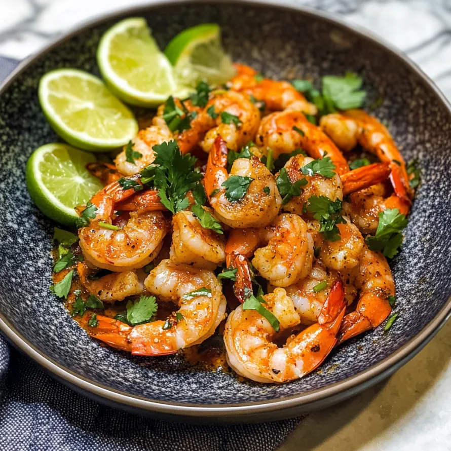 Bowl packed with shrimp, fresh limes and herbs.