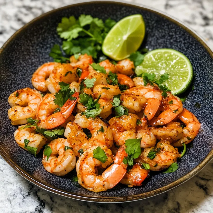 A plate of shrimp with limes and parsley.