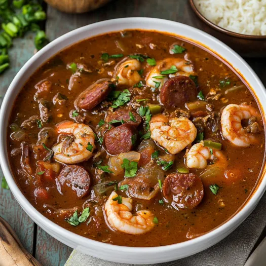 Shrimp and sausage swimming in a hearty soup bowl.