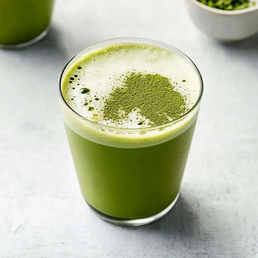 Green tea in a glass with a tea leaf floating.
