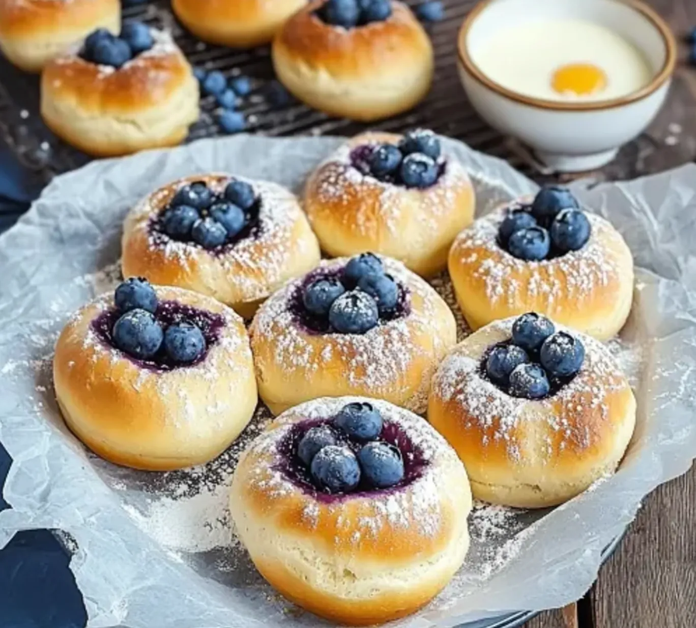 A plate with fluffy pastries filled with blueberries.