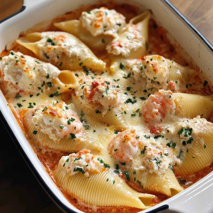 A bowl of pasta with shrimp and cheese.