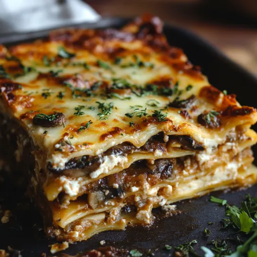 Lasagna layered with mushrooms and gooey cheese in a pan.