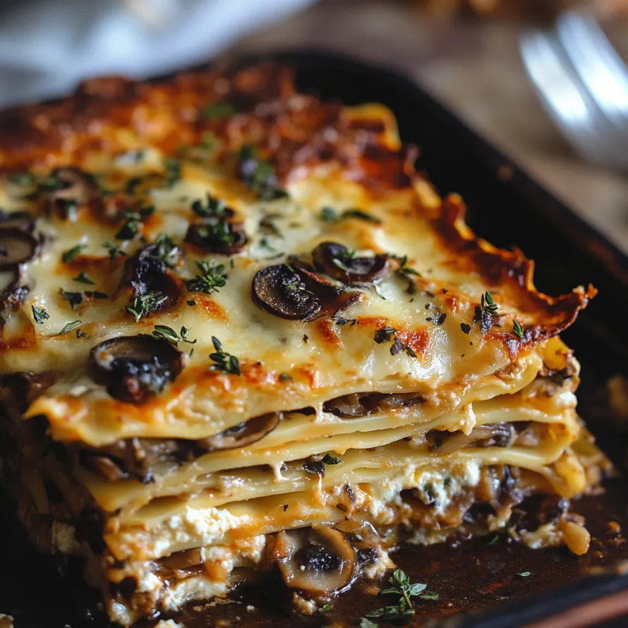 A pan filled with mushroom lasagna.