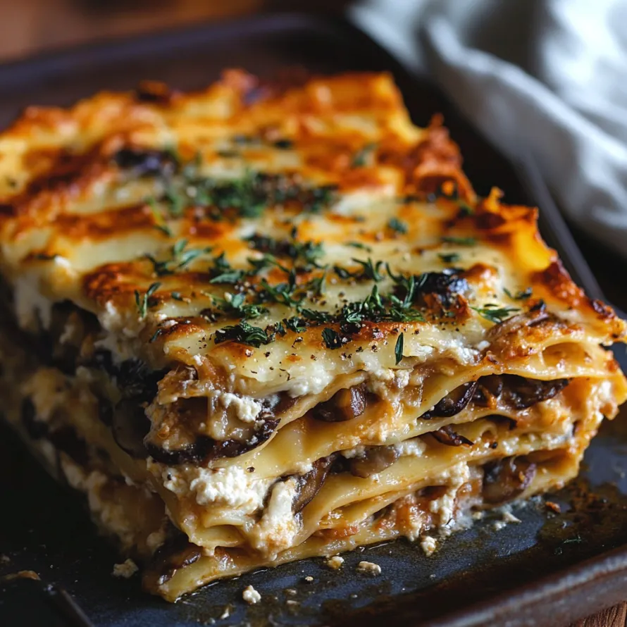 A plated slice of mushroom lasagna.