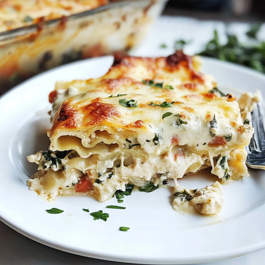 A slice of lasagna sitting on a white plate.