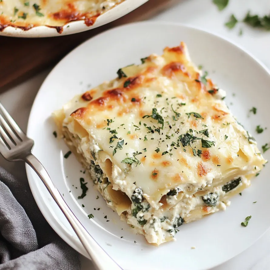 A white plate with a slice of lasagna on it.