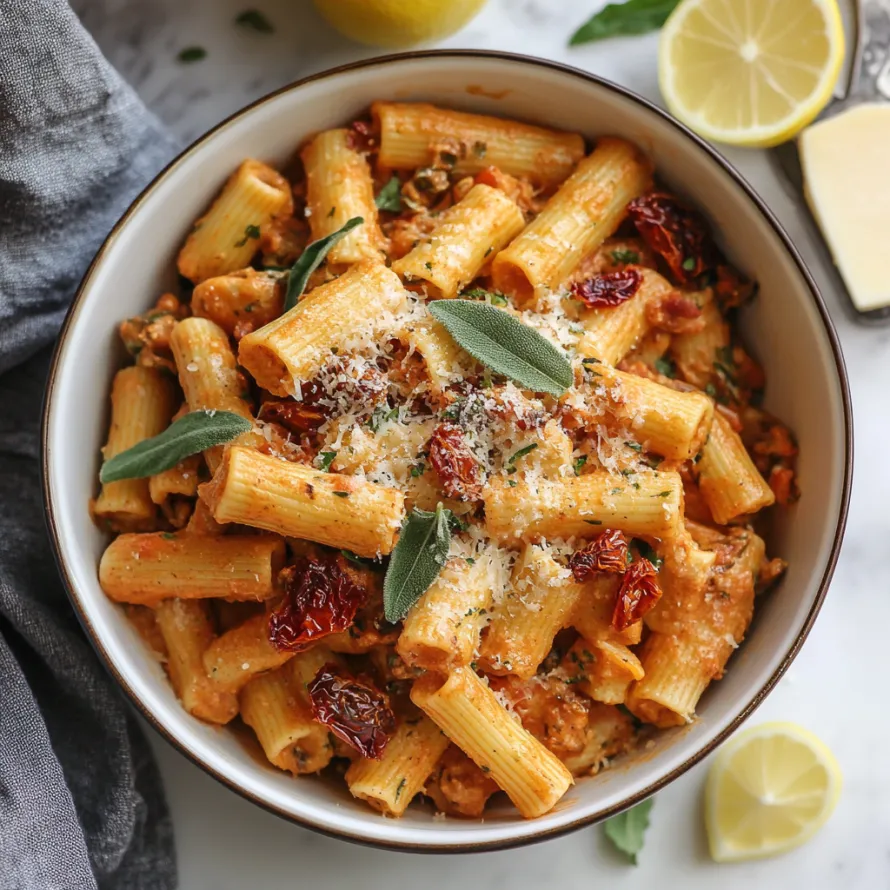 A bowl of pasta with tomatoes and cheese.