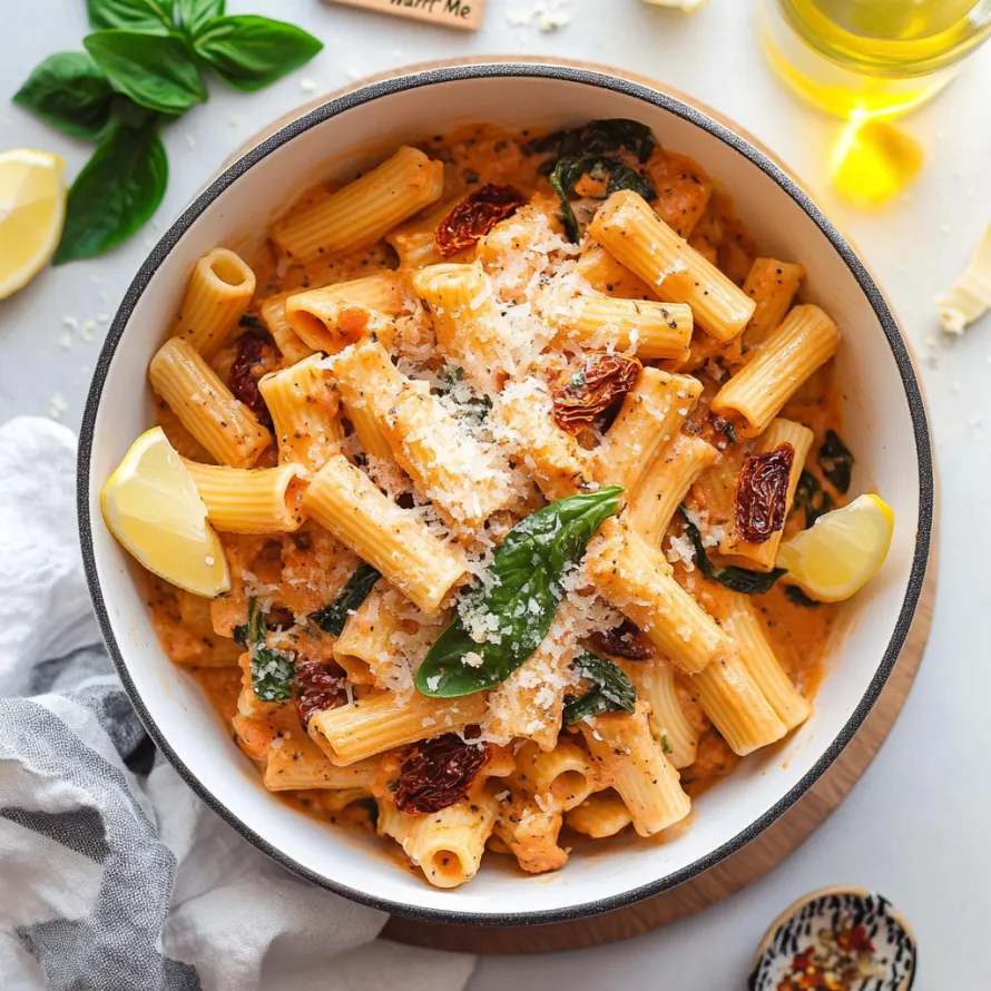A bowl of pasta with cheese and spinach.