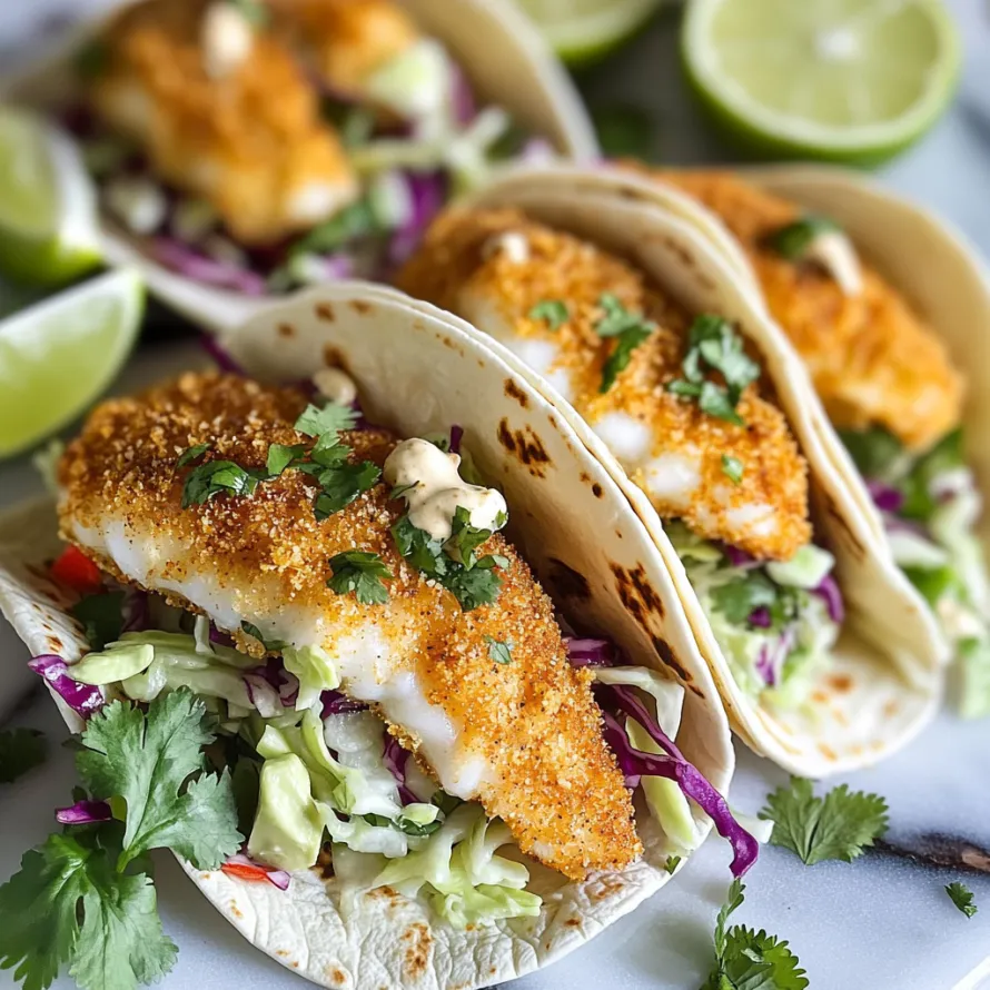 A plate of fish tacos with lime wedges.