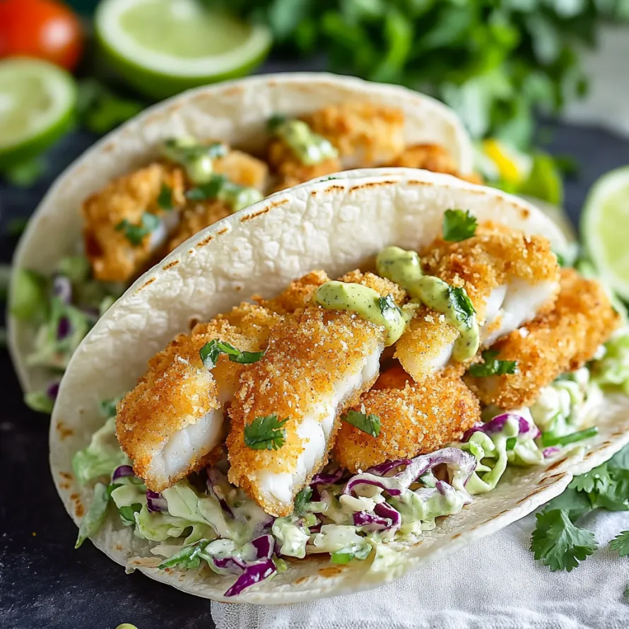 Two fish tacos with lettuce and avocado.