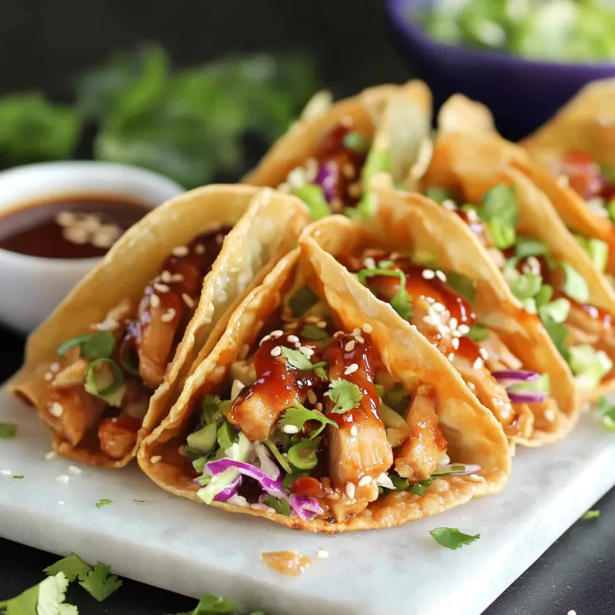 Plated crispy chicken wonton tacos with veggies.