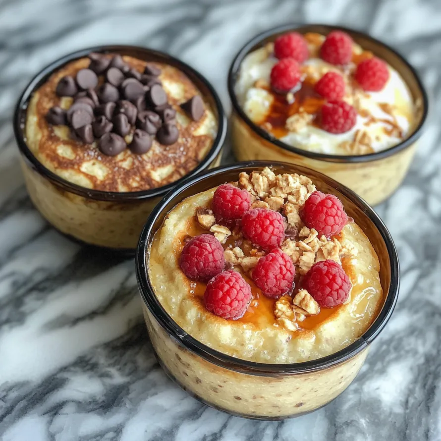 Three bowls topped with bright raspberries.