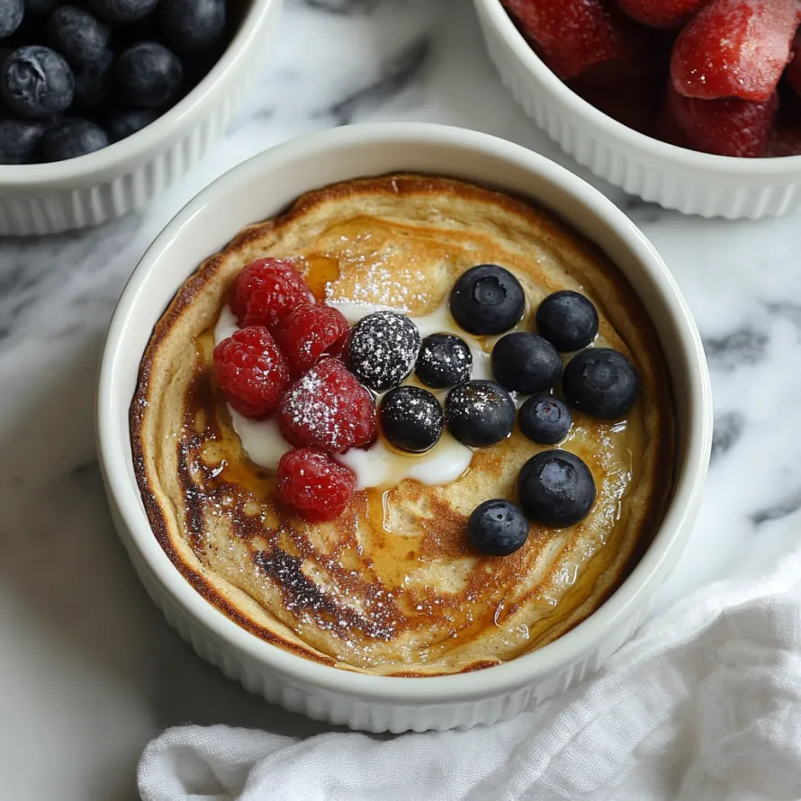 A bowl with cream and berries on top.
