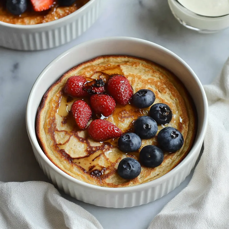 A bowl of pancakes with strawberries and blueberries.