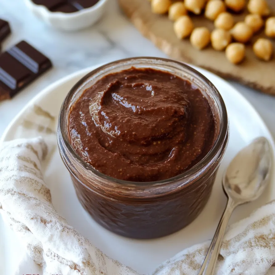 Chocolate spread in a glass jar on a small dish.