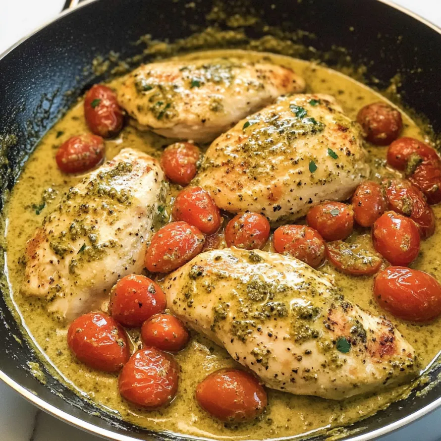 Pan-seared chicken with tomatoes and green herbs.