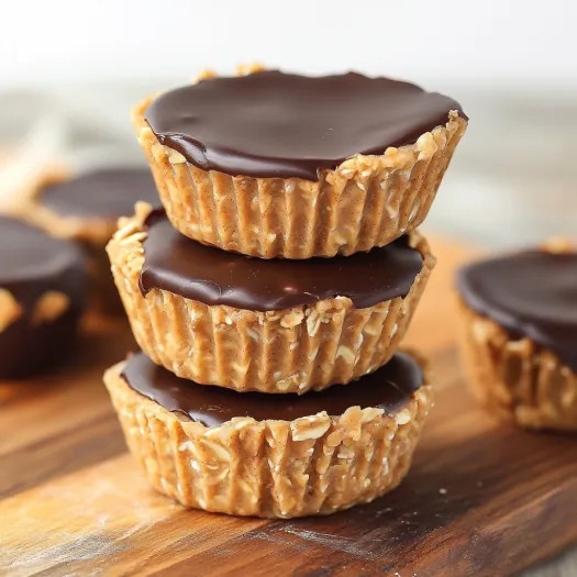 Chocolate covered peanut butter cups on a table.