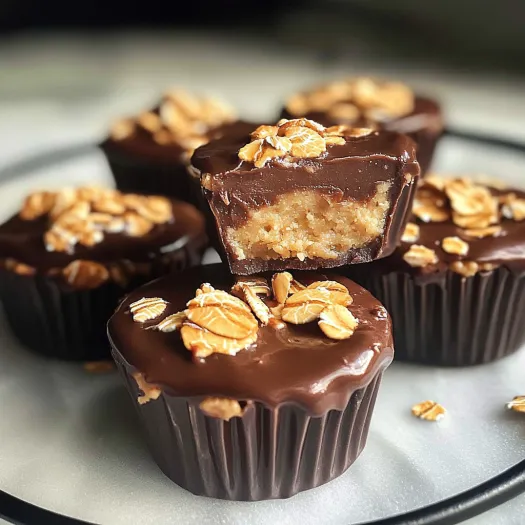 A plate stacked with chocolate-dipped nut butter treats.