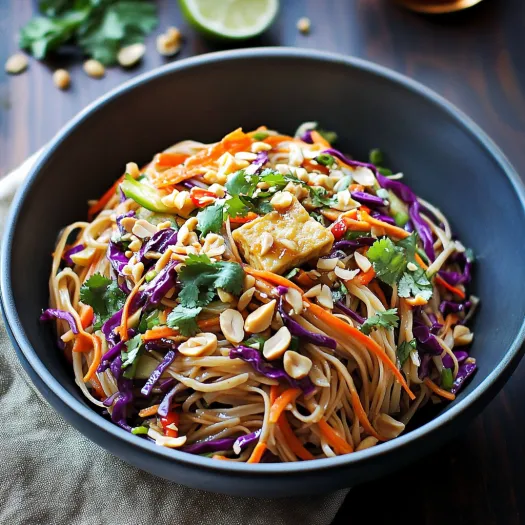 Noodles in a bowl with crunchy veggies and peanuts.