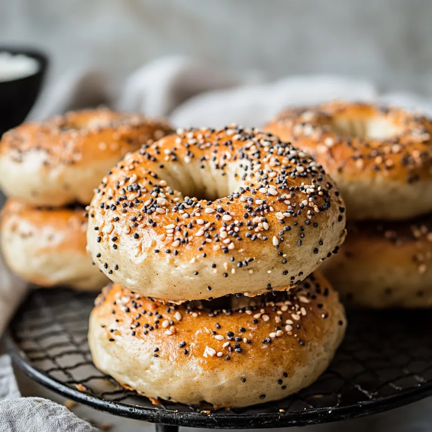 Bagels on a plate, topped generously with sesame seeds.