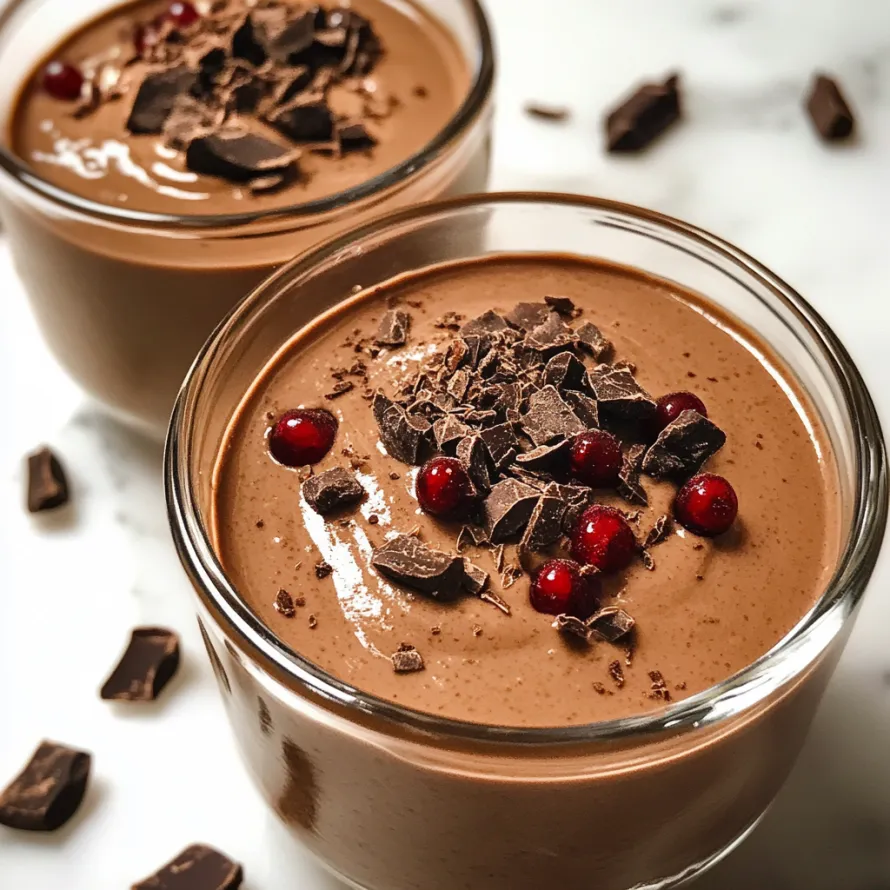 Two glasses with chocolatey pudding, some chocolate chips and berries on top.