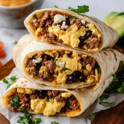 A breakfast burrito with eggs, beans, and cheese.