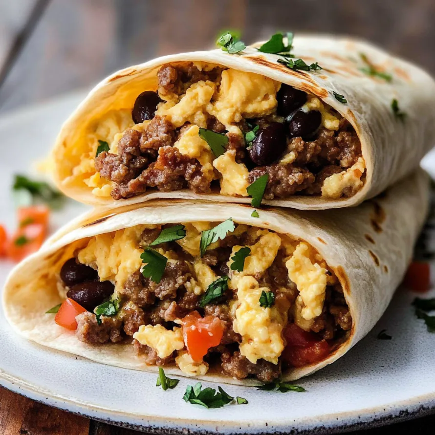 Two burritos with eggs and black beans.