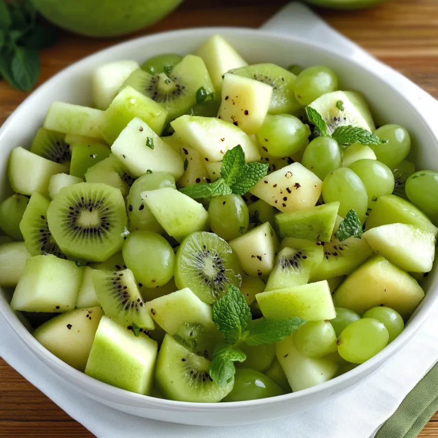 A bowl with chunks of kiwi, apples, and green grapes.