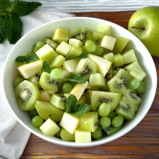 Kiwi, grapes, and fresh greens in a bowl.