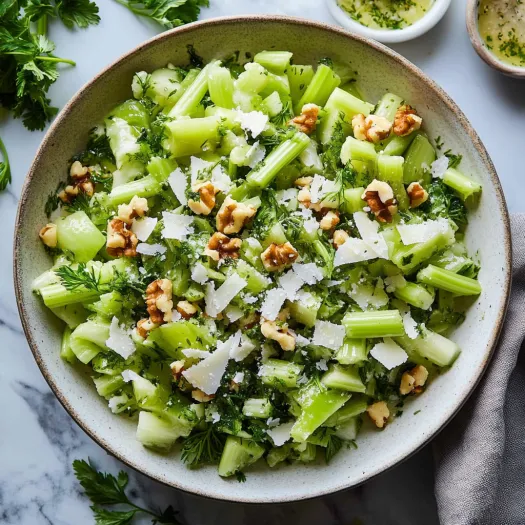 Green veggies, chunks of nuts, and shreds of cheese in a bowl.