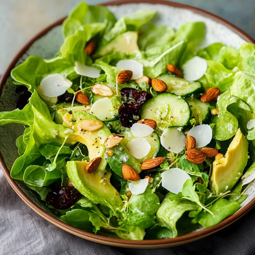 A bowl of salad with lettuce, cucumbers, almonds, and raisins.