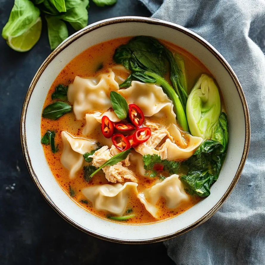 A bowl of soup with chicken and veggies.